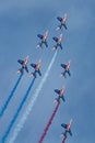 Patrouille de France, the aerobatic display team of the French Air Force Armee de lÃ¢â¬â¢Air flying Dassault-Dornier Alpha Jet E jet Royalty Free Stock Photo